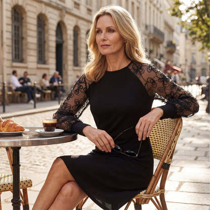 🔥Lace Patchwork Round Neck Long Sleeve Dress