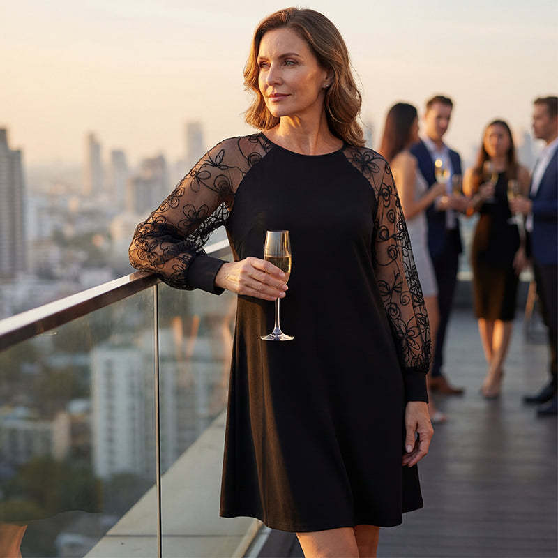 🔥Lace Patchwork Round Neck Long Sleeve Dress