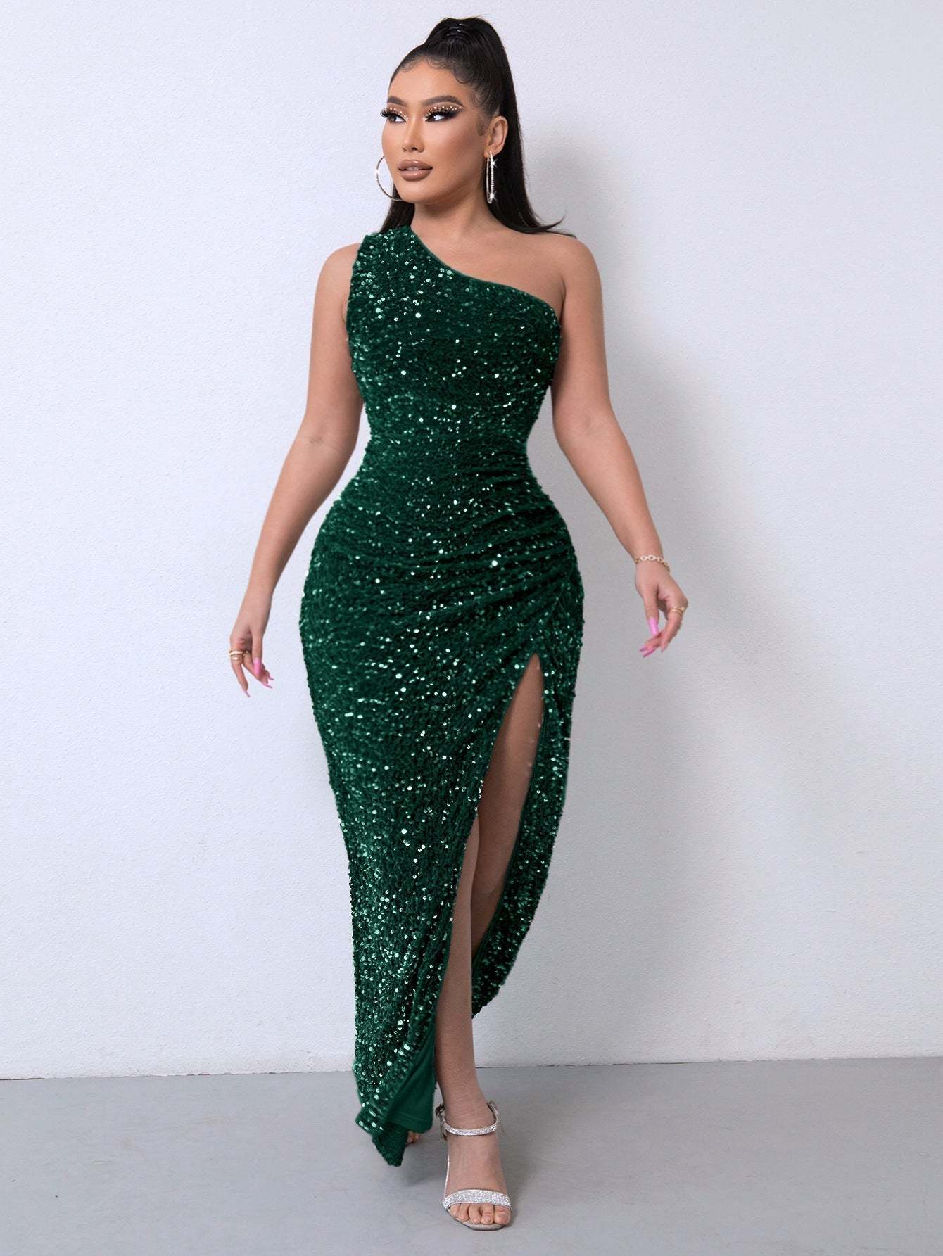 💃Women's Glitter Sequins One Shoulder Ruched Split Thigh Bodycon Dress
