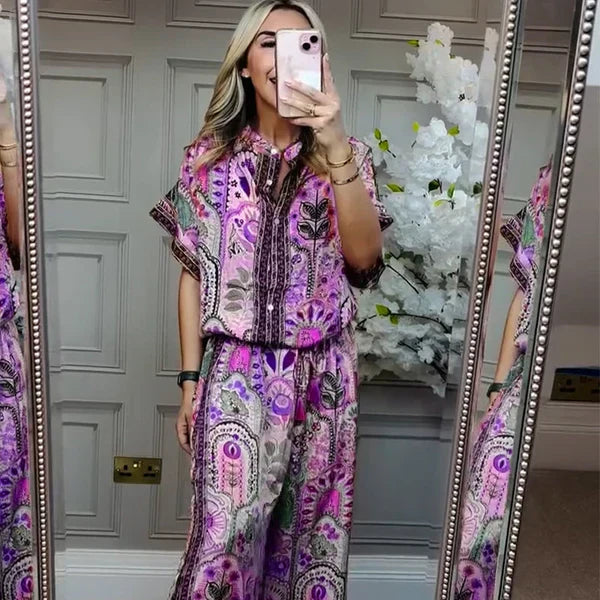 Women's Printed Top & Wide Leg Pants 2-Piece Set