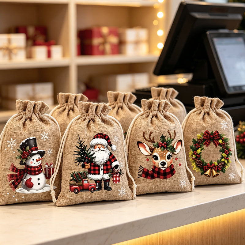 Christmas drawstring bags used as festive hanging decorations