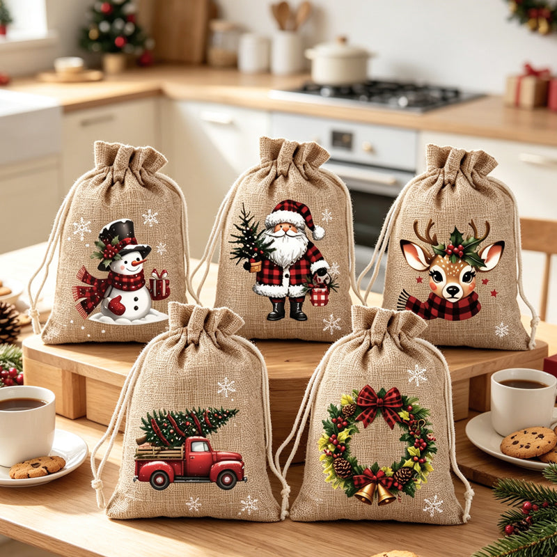 Double drawstring closure on a Christmas gift pouch