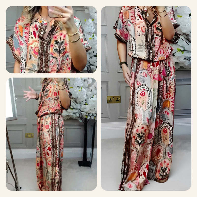 Women's Printed Top & Wide Leg Pants 2-Piece Set
