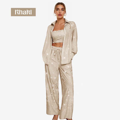 ✨Sequin Blazer And Wide Trousers For Women (3-piece Set)