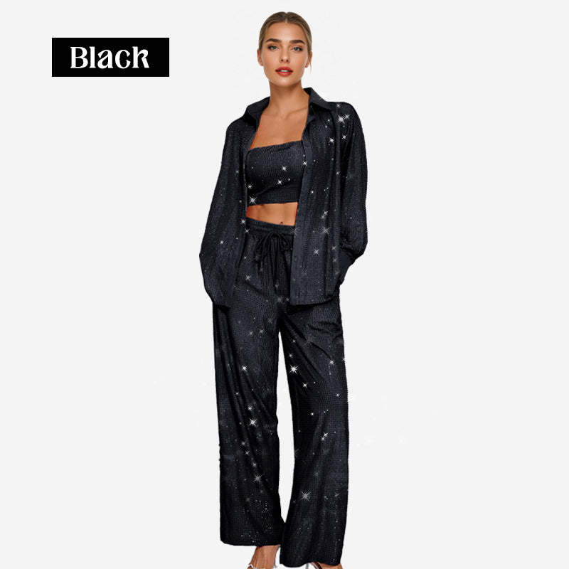 ✨Sequin Blazer And Wide Trousers For Women (3-piece Set)