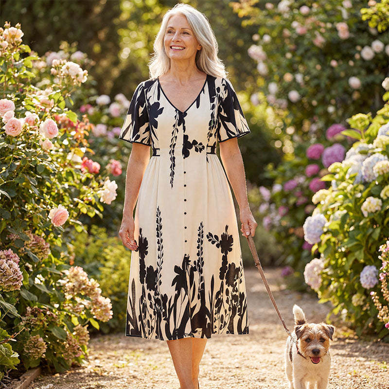 💥Soft Botanical Print V-Neck Midi Dress – Elegant, Lightweight & All-Match