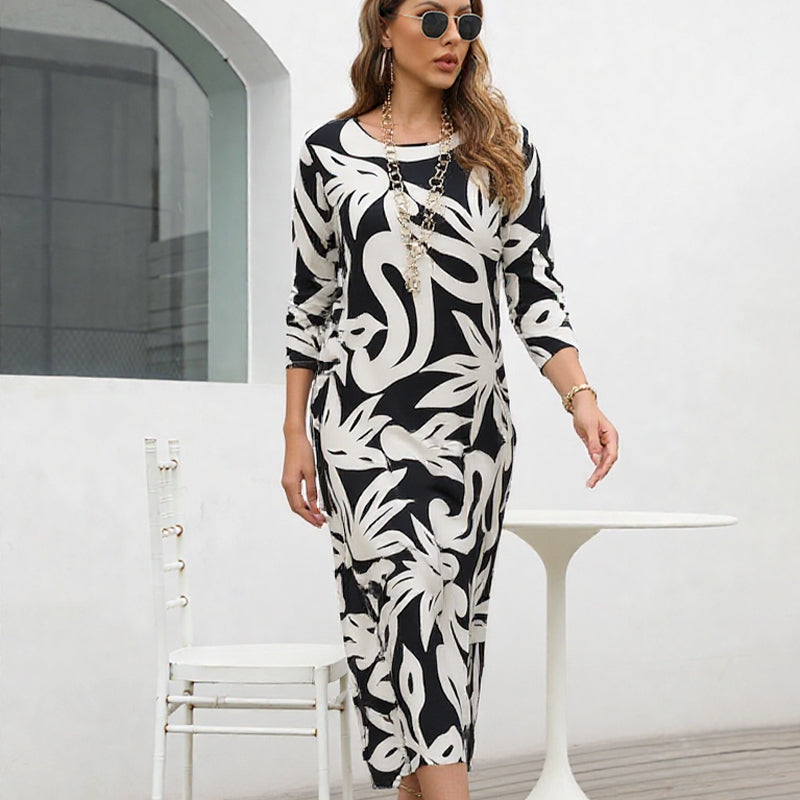 Elegant Printed Dress for Women – Stylish & Comfortable Fit👗Women’s Elegant Loose Round-Neck Printed Dress