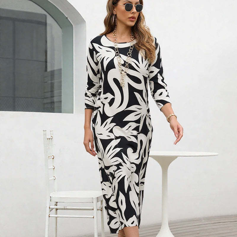 Elegant Printed Dress for Women – Stylish & Comfortable Fit👗Women’s Elegant Loose Round-Neck Printed Dress