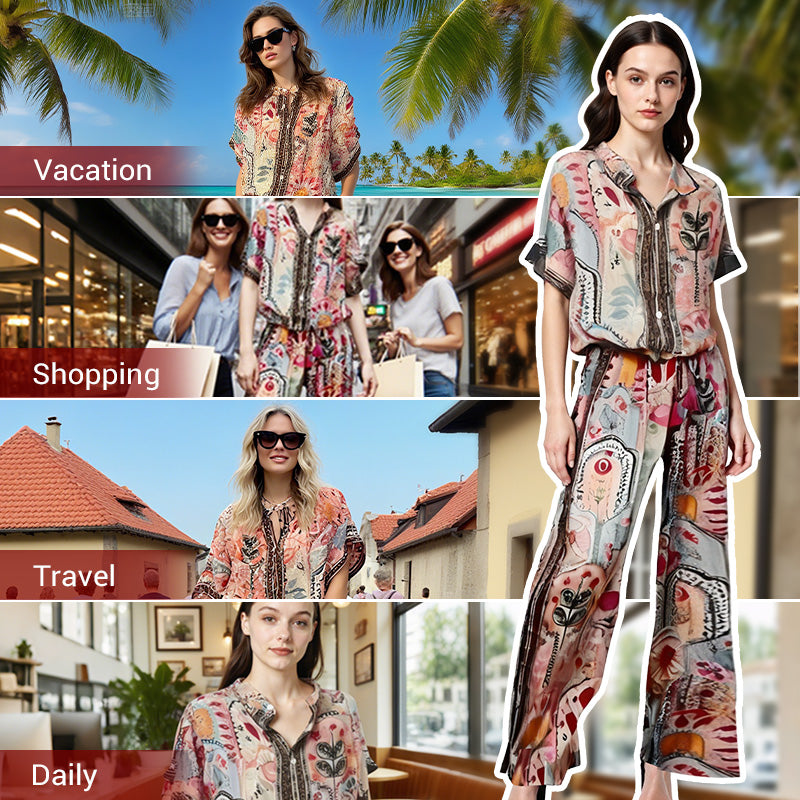 Women's Printed Top & Wide Leg Pants 2-Piece Set