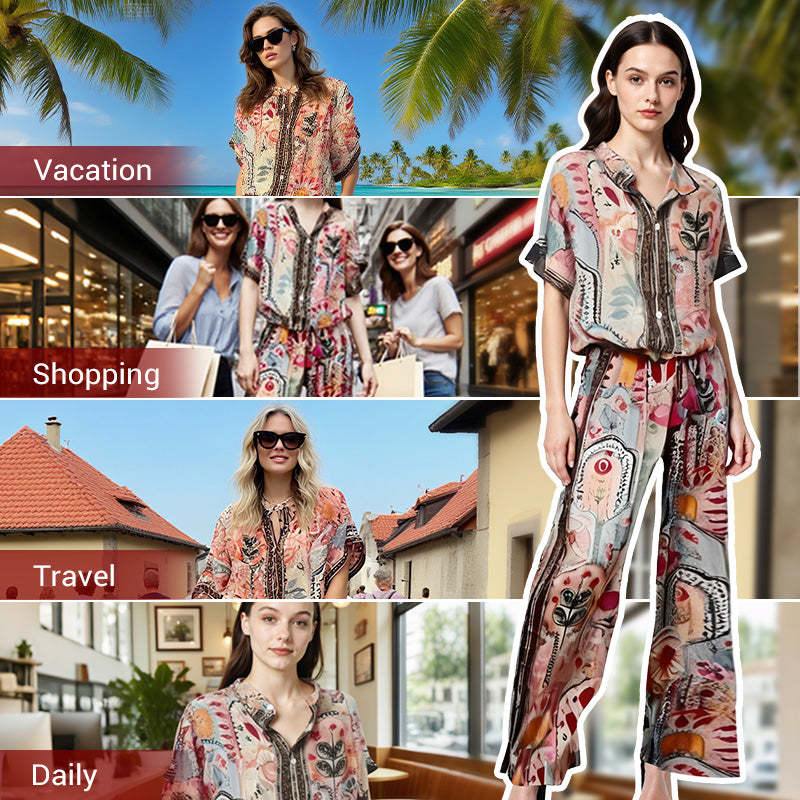 Women's Printed Top & Wide Leg Pants 2-Piece Set