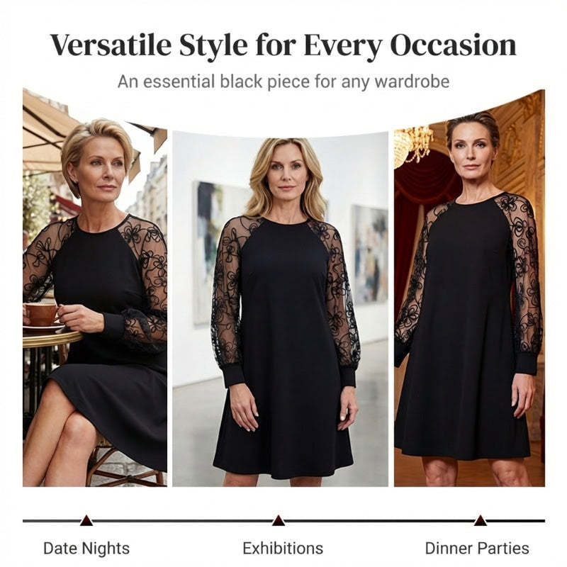 🔥Lace Patchwork Round Neck Long Sleeve Dress