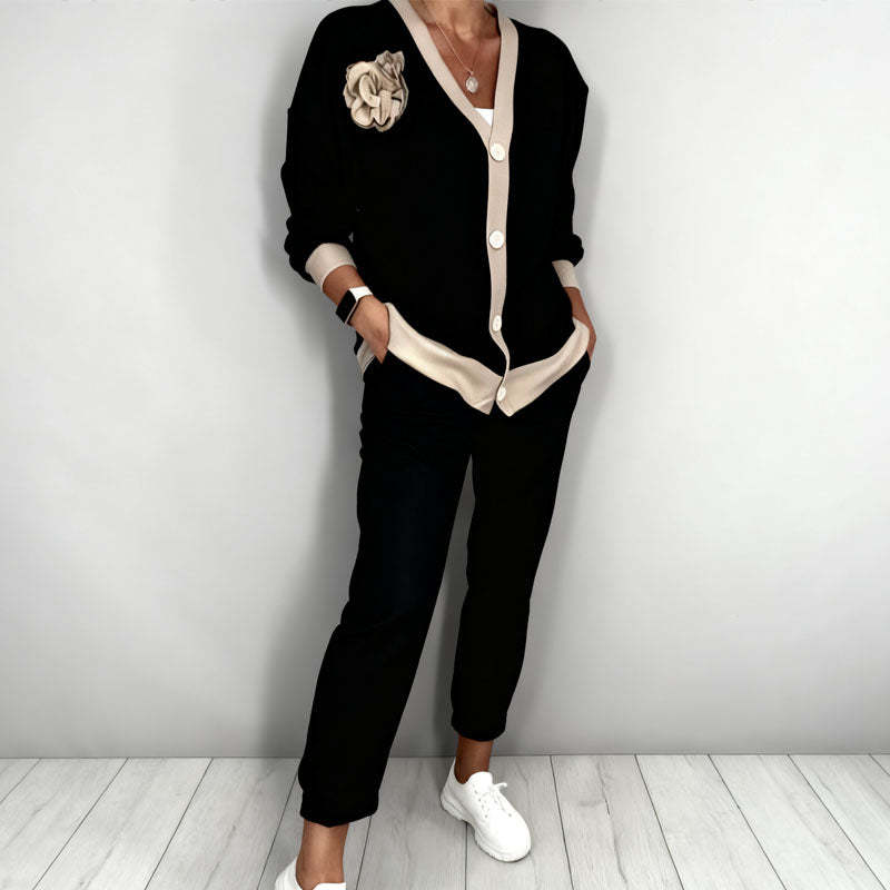 Women’s Casual V-Neck Top & High Waist Pants 2-Piece Set