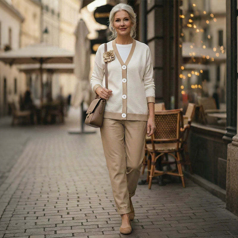 Women’s Casual V-Neck Top & High Waist Pants 2-Piece Set