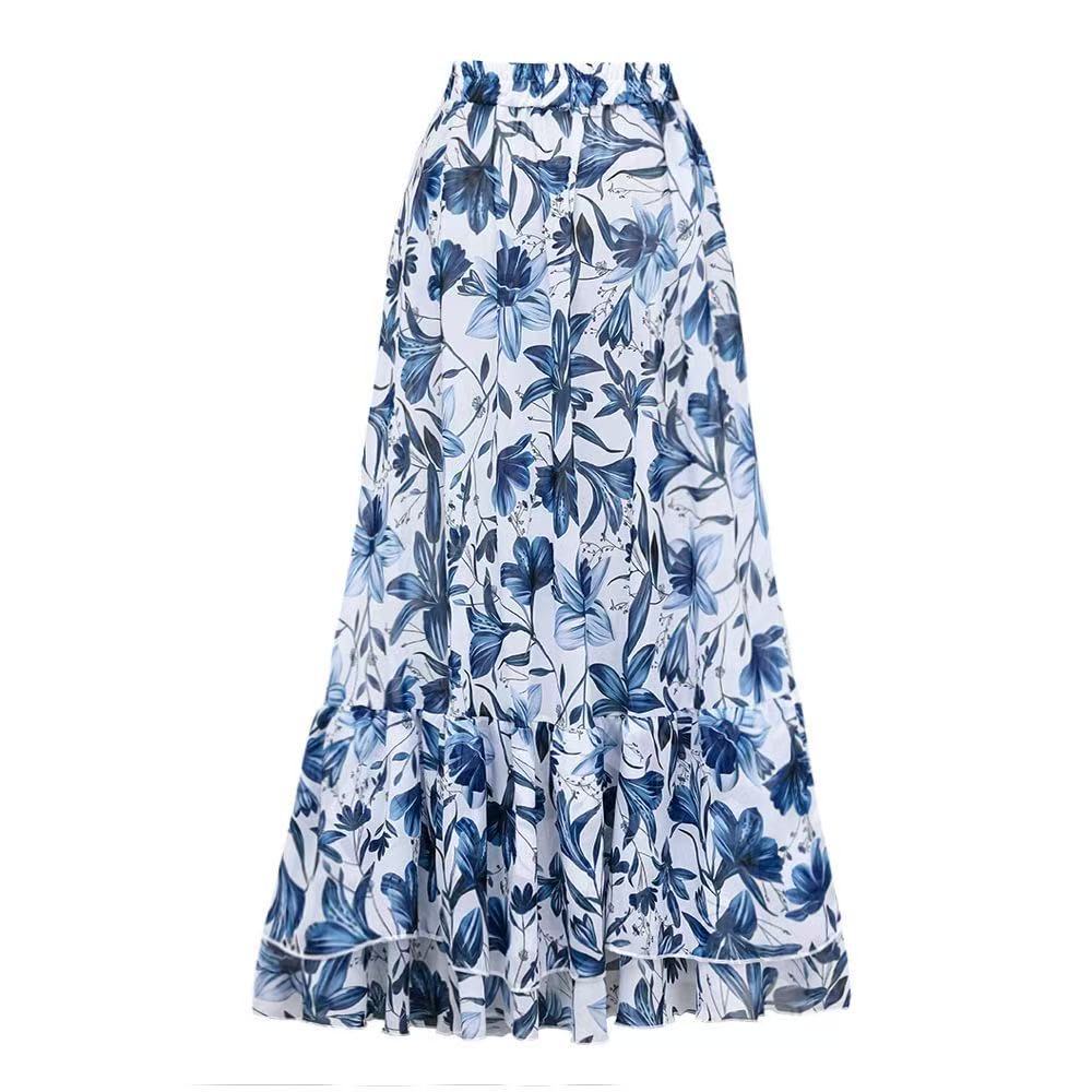 🩱V Neck Lace Up Printed One Piece Swimsuit and Skirt