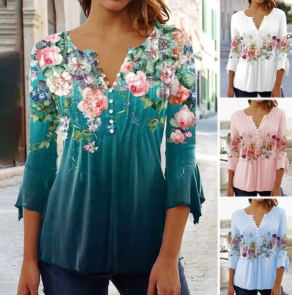 Women's Floral Button V-Neck Pleated 3/4 Sleeve T-Shirt