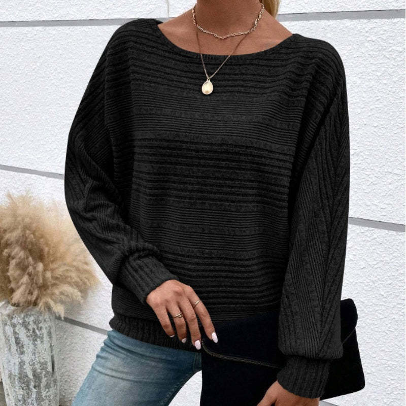 Solid Round-Neck Striped Top with Long Sleeves
