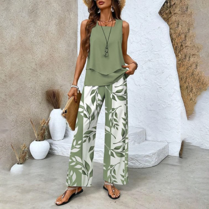 🌺 Women’s Trendy Print 2-Piece Outfit – Sleeveless Top & Pants Combo!"