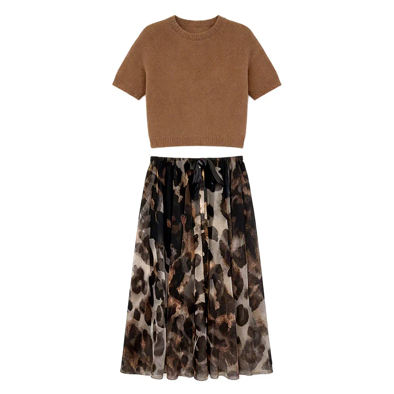 🔥Women's Two-Piece Sweater & Leopard Flowy Skirt Set