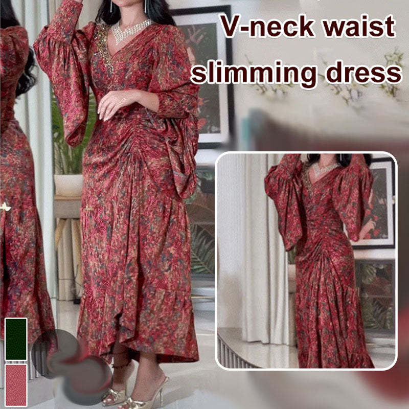 🔥🌷V-neck Dress With Biscuit Sleeves And Print💃