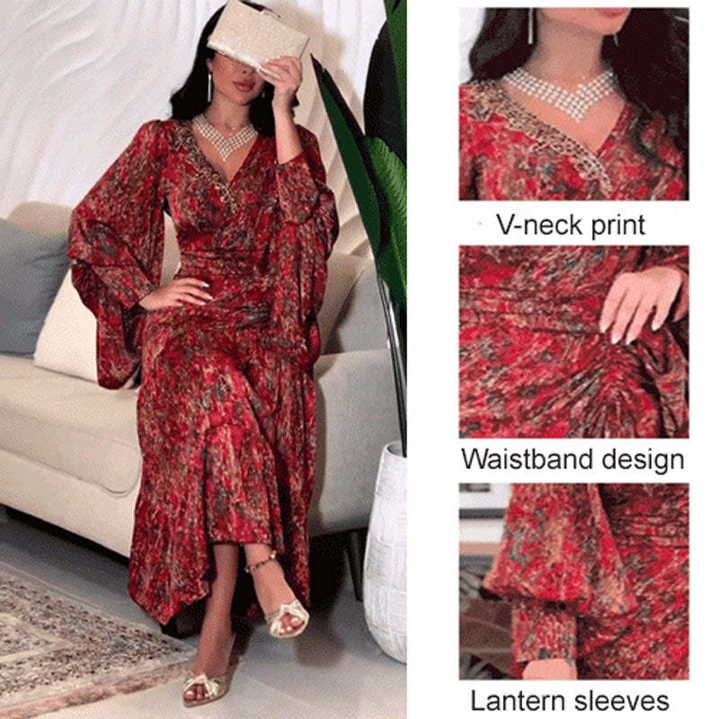 🔥🌷V-neck Dress With Biscuit Sleeves And Print💃