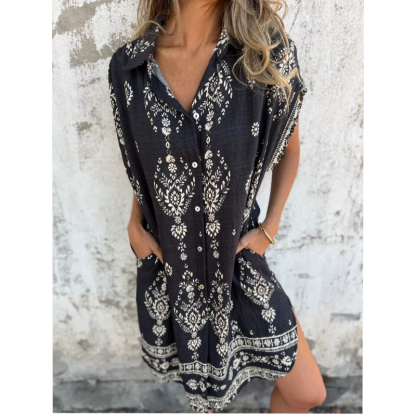 Loose-Fit Printed Short Sleeve Dress with Pockets