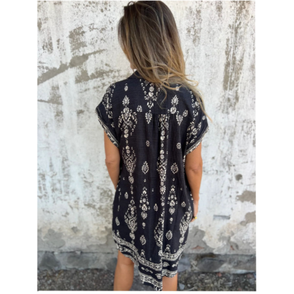 Loose-Fit Printed Short Sleeve Dress with Pockets