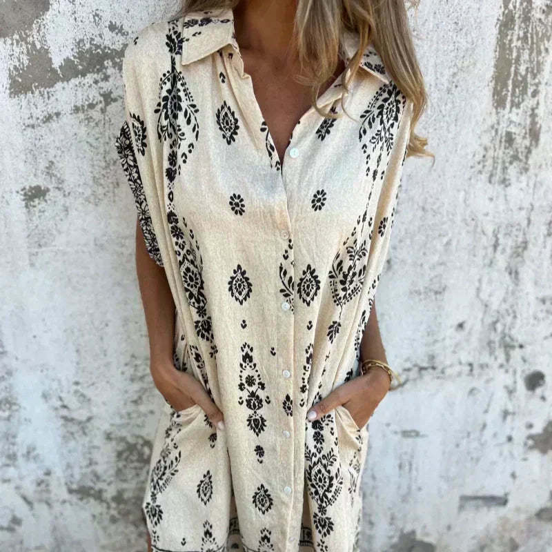 Loose-Fit Printed Short Sleeve Dress with Pockets