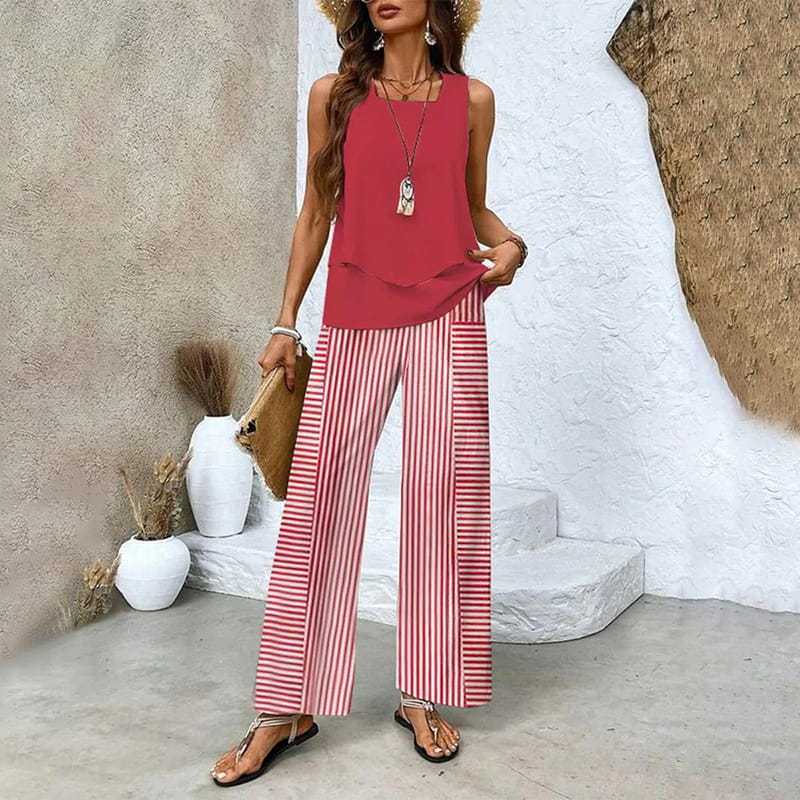 🌺 Women’s Trendy Print 2-Piece Outfit – Sleeveless Top & Pants Combo!"