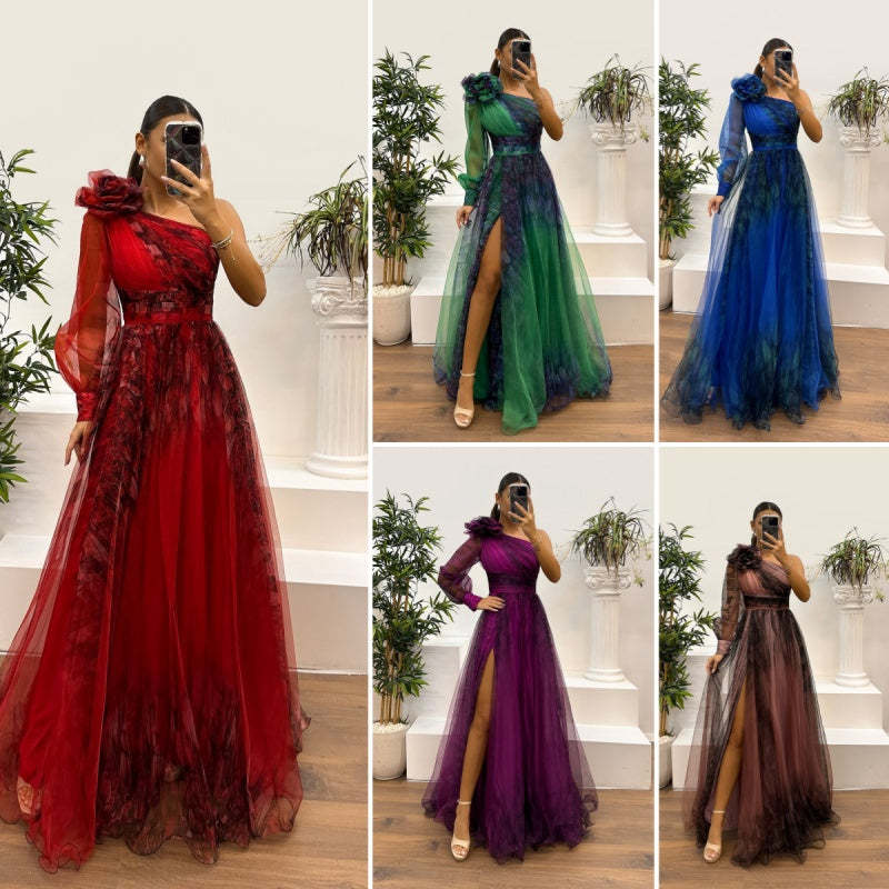 💥Women's Fashion Slant Shoulder Mesh Printed Dresses