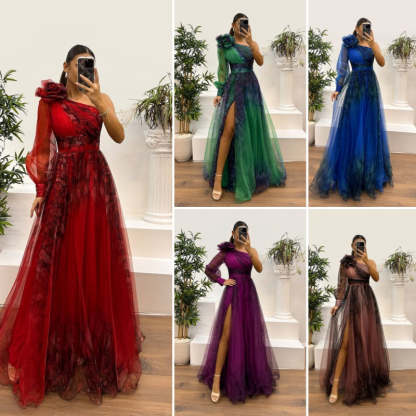 💥Women's Fashion Slant Shoulder Mesh Printed Dresses