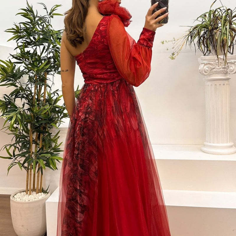 💥Women's Fashion Slant Shoulder Mesh Printed Dresses