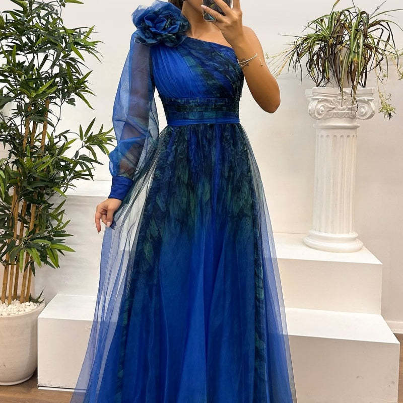 💥Women's Fashion Slant Shoulder Mesh Printed Dresses