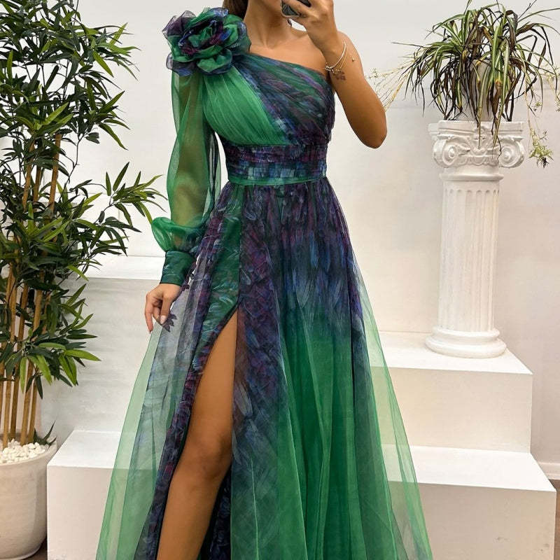 💥Women's Fashion Slant Shoulder Mesh Printed Dresses