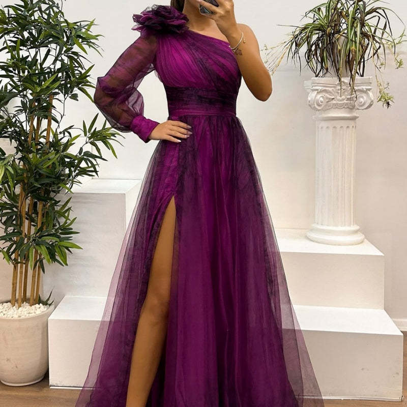 💥Women's Fashion Slant Shoulder Mesh Printed Dresses