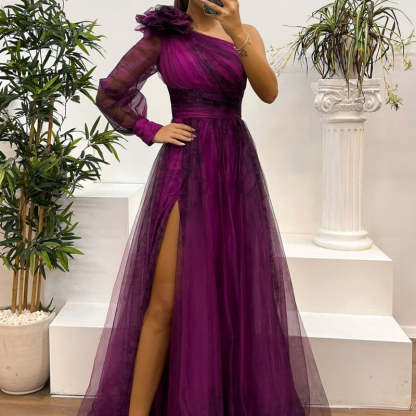 💥Women's Fashion Slant Shoulder Mesh Printed Dresses