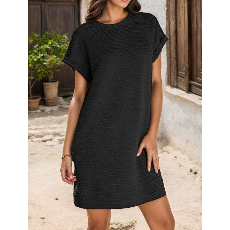 🔥2025 New-💞Women's Loose Roll Sleeve Pocket Solid Colour Dresses