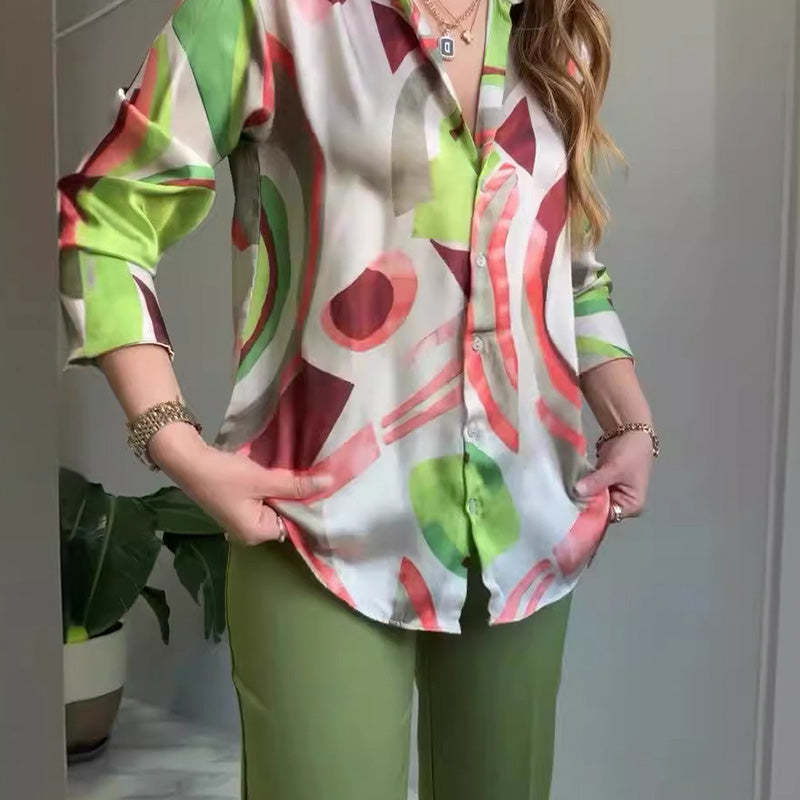 💐 Women's Printed Button-Up Shirt & Pants (High-end Fabric 2-Piece Set)
