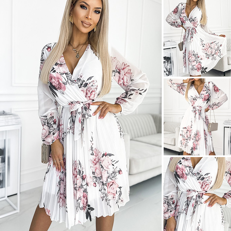 💃Women's V-Neck White Floral Dress With Belt