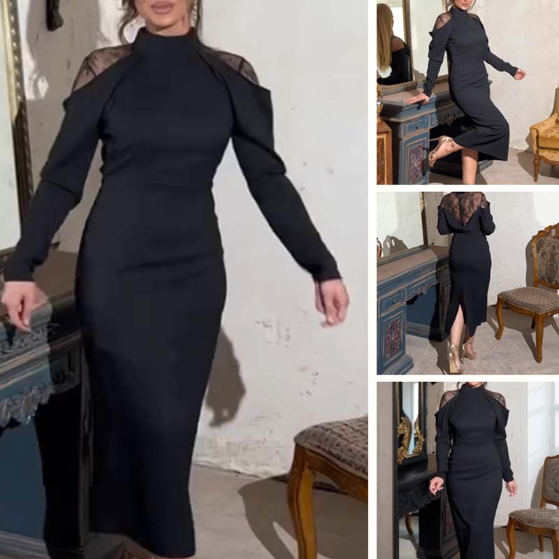 🖤 Women's Elegant Mock Neck Lace Back Midi Dress
