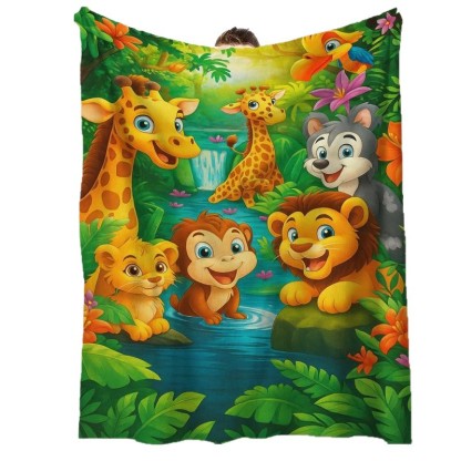 Plush Flannel Throw Blanket with Cartoon Jungle Print
