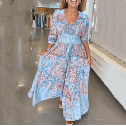 Women’s Elegant Floral Drawstring Long Dress