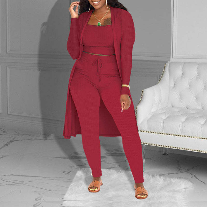 Casual 3-Piece Knit Set – Cropped Top, Cardigan & Pants
