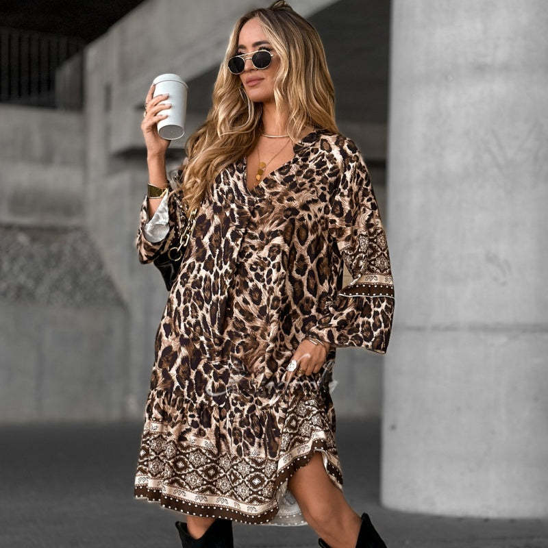 Elegant V-Neck Long-Sleeve Printed Dress
