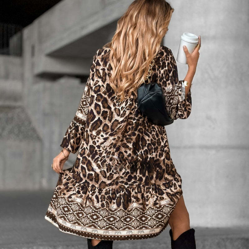 Elegant V-Neck Long-Sleeve Printed Dress