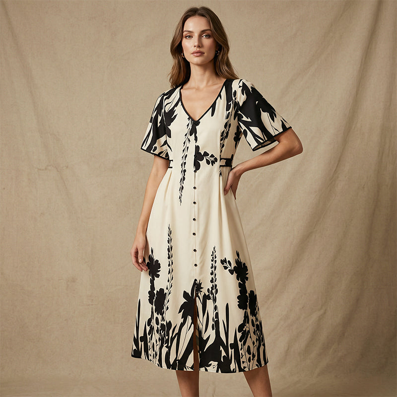💥Soft Botanical Print V-Neck Midi Dress – Elegant, Lightweight & All-Match