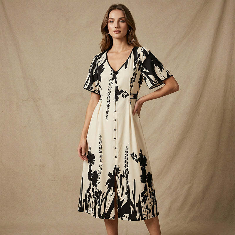 💥Soft Botanical Print V-Neck Midi Dress – Elegant, Lightweight & All-Match