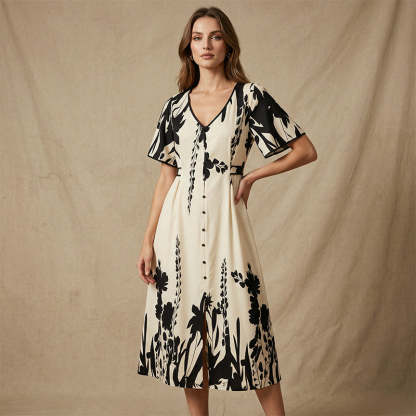 💥Soft Botanical Print V-Neck Midi Dress – Elegant, Lightweight & All-Match