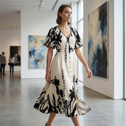 💥Soft Botanical Print V-Neck Midi Dress – Elegant, Lightweight & All-Match