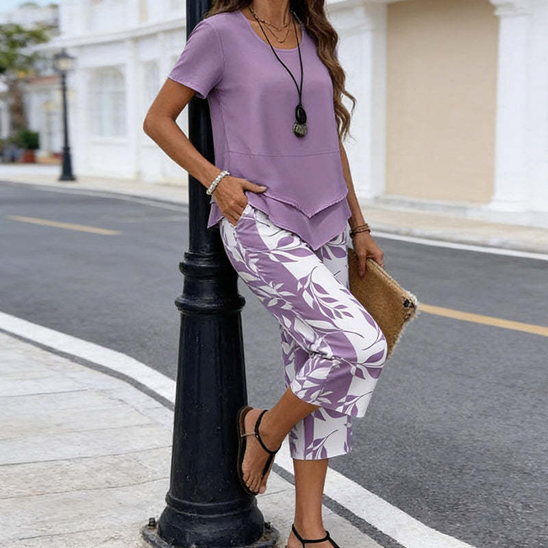 🔥Women's 2-Piece Set – Layered Asymmetrical Tunic Top & Printed Wide Leg Pants, Breathable Polyester ✨