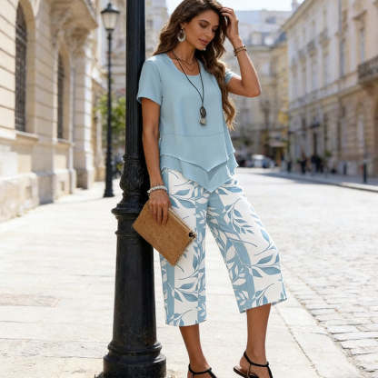 🔥Women's 2-Piece Set – Layered Asymmetrical Tunic Top & Printed Wide Leg Pants, Breathable Polyester ✨